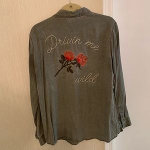 Express Distressed Embroidered Button-down Shirt